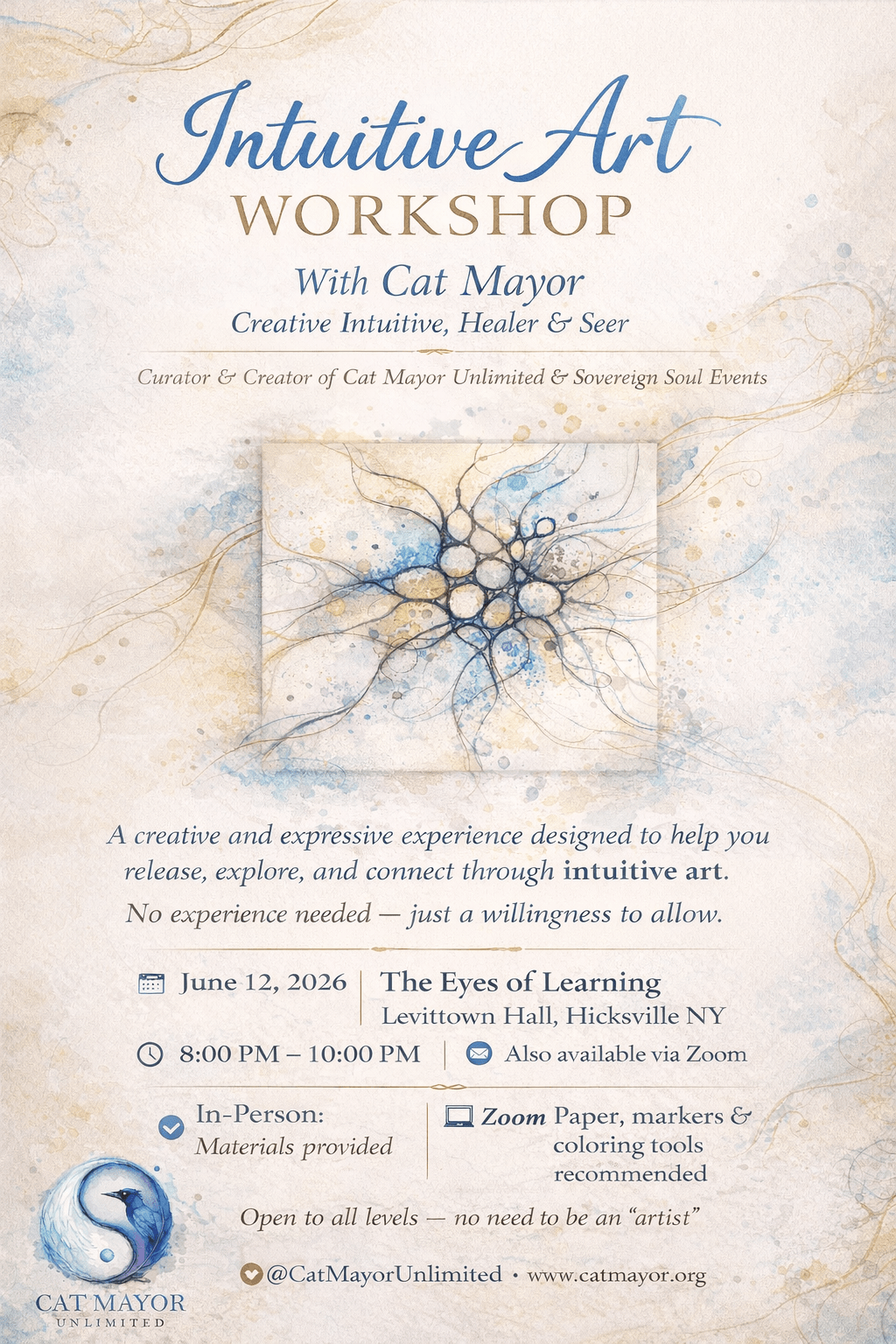 Intuitive art workshop flyer Weekly Healing Circle with Cat